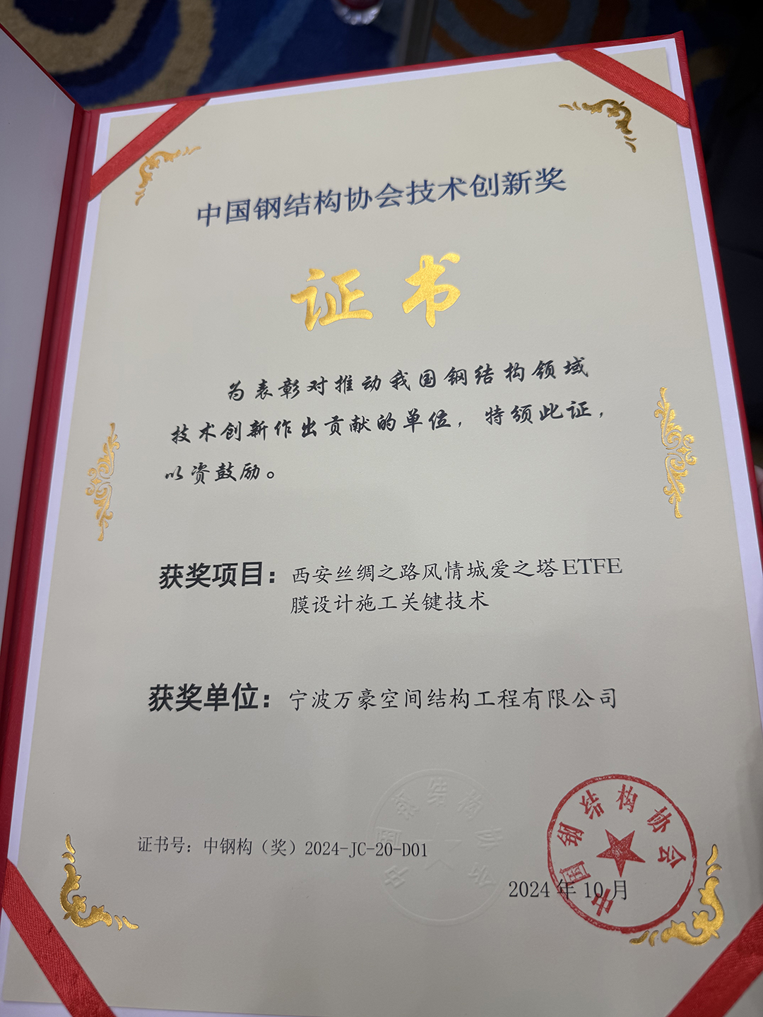 喜報(bào)！恭喜萬(wàn)豪空間結(jié)構(gòu)榮獲中國(guó)鋼結(jié)構(gòu)協(xié)會(huì)2024年度技術(shù)創(chuàng)新獎(jiǎng)